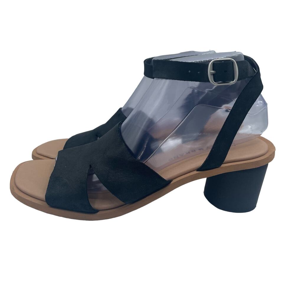 Lucky Brand Pemal Black Leather Sandals Heels Straps Buckle Womens 9